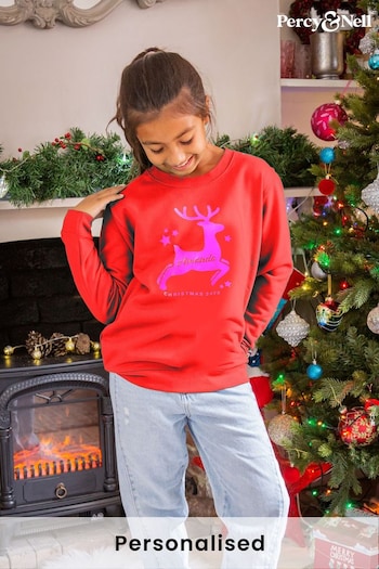 Personalised Older Kids Neon Reindeer Christmas Sweatshirt by Percy and Nell (Q33140) | £25