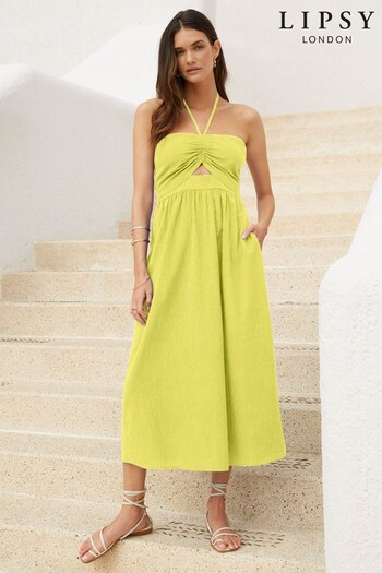 Lipsy Lime Green Halter Cut Out Ruched Maxi Dress (Q33142) | £45