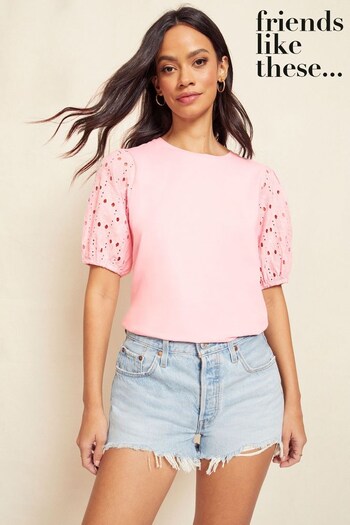 Friends Like These Pink Broderie Puff Sleeve Round Neck Top (Q33188) | £25