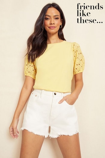 Friends Like These Yellow Broderie Puff Sleeve Round Neck Top (Q33189) | £24 - £25