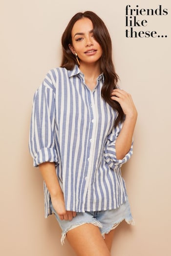 Friends Like These Blue Linen Look Button Through Long Sleeve Shirt (Q33190) | £28