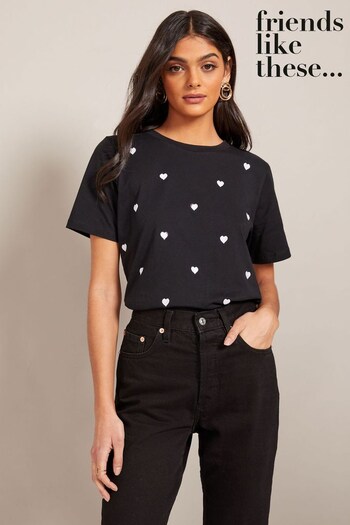 Friends Like These Black Round Neck Heart Embroidered T-Shirt (Q33192) | £22