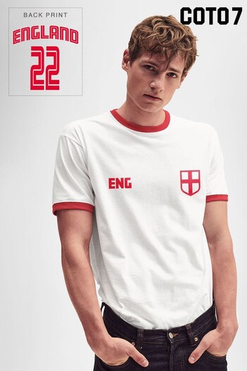 Coto7 White England World Cup 2022 Men's Retro Ringer T-Shirt (Q33258) | £18