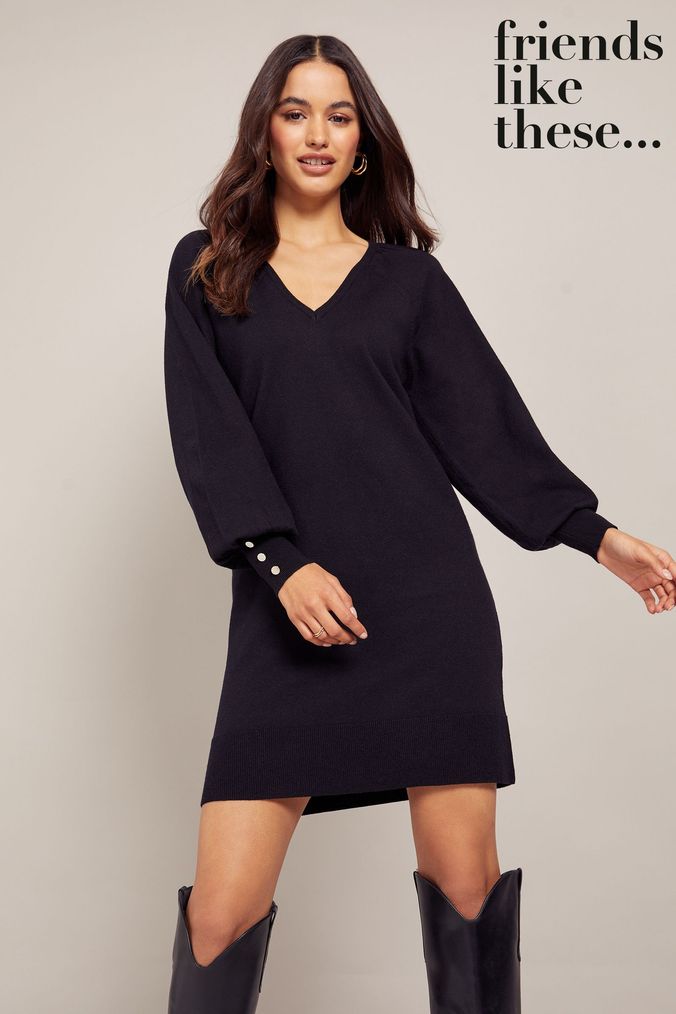 Friends Like These Black Long Sleeve V Neck Jumper Dress (Q33400) | £36