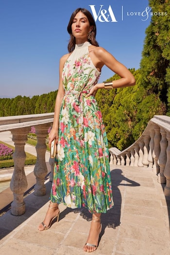 V&A | Love & Roses Ivory Floral Printed Halter Pleated Midi Summer Dress (Q33419) | £74