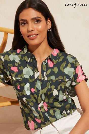 Love & Roses Khaki Green Animal Roll Short Sleeve Pocket Button Through Shirt (Q33421) | £34