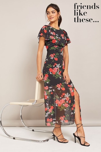 Lyle & Scott Black Floral Chiffon Flutter Sleeve Midi Dress (Q33502) | £49