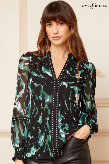 Perfume & Aftershave Green Animal Printed V Neck Long Sleeve Hardware Blouse (Q33576) | £38