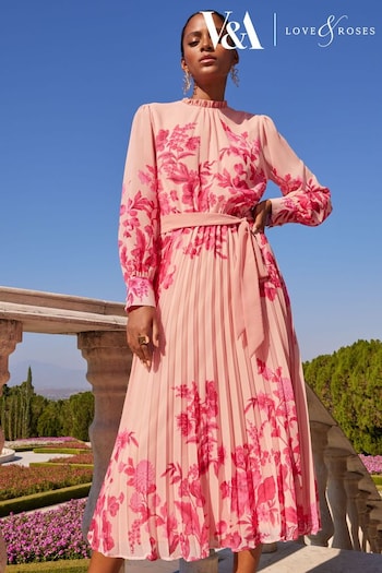 V&A | Stationery & Books Pink Floral Print Ruffle Neck Pleated Long Sleeve Midi Dress (Q33609) | £75