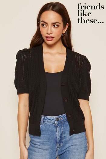 Friends Like These Black Short Sleeve Button Up Pointelle Knitted Cardigan (Q33694) | £29
