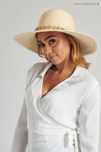 South Beach Cream Wide Brim Sun Hat With Seashell Detail (Q33825) | £20