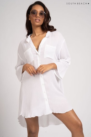 South Beach White Crinkle Beach Shirt With Pocket (Q33850) | £30
