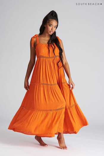 South Beach Orange Crinkle Tie Shoulder Maxi Beach Dress (Q33856) | £34