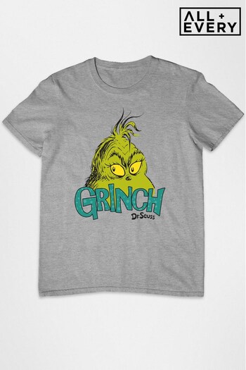 All + Every Heather Grey All + Every Christmas Heather Grey The Grinch Head Sparkle Text Men's T-Shirt (Q33870) | £23