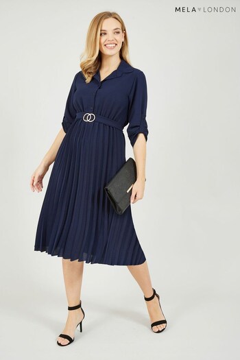 Mela Blue Pleated Skirt Midi Shirt Dress (Q33932) | £40