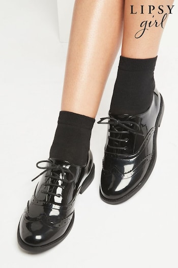 Lipsy Girl Black Lace Up Flat Patent Brogue School Shoe (Q33940) | £28 - £34