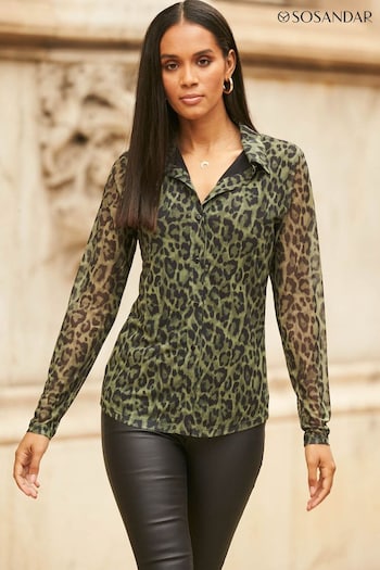 Sosandar Green Animal Print Mesh Shirt (Q33974) | £42