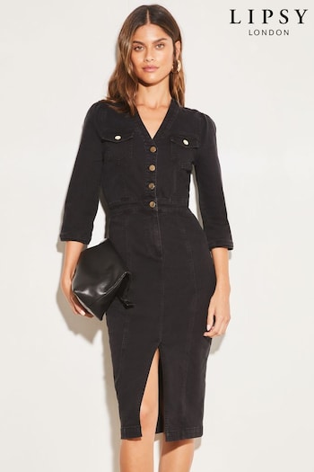 Lipsy Black Petite Half Placket Denim Midi Dress (Q33986) | £60