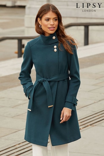 Lipsy Teal Green Military Button Wrap High Neck Belted Coat (Q34248) | £89