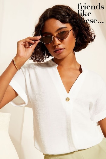 T-Shirts & Polo Shirts Ivory White V Neck Roll Sleeve Button Blouse (Q34457) | £27