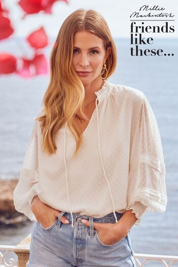 All Tops & T-Shirts Ivory Dobby Tie Neck Sheer Long Sleeve Blouse (Q34458) | £35
