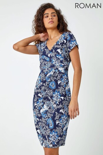 Roman Blue Textured Paisley Print Wrap Dress (Q34463) | £45