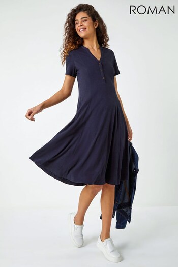 Roman Blue Fit & Flare Cotton Midi Dress (Q34464) | £42