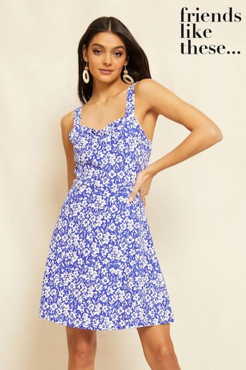 Camping & Accessories Blue Floral Strappy Sweetheart Neck Summer Mini Sundress (Q34471) | £28