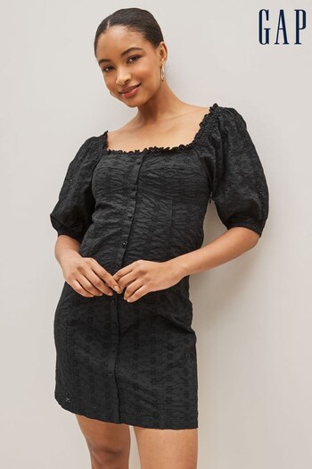 Gap Black Broderie Square Neck Puff Sleeve Mini Dress (Q34626) | £75