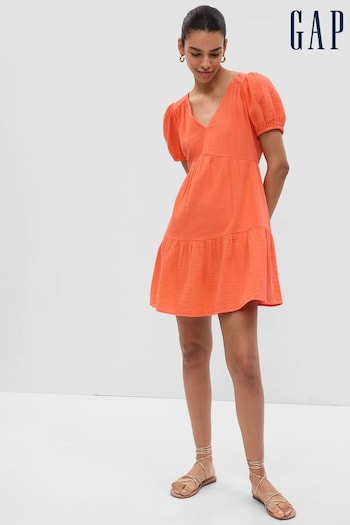 Gap Orange Crinkle Gauze Puff Sleeve Tiered Mini Dress (Q34666) | £45