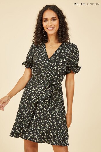 Mela Black Multi Floral Wrap Dress With Frill Details (Q34730) | £35