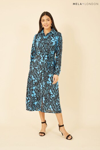 Mela Blue Animal Print Long Sleeve Midi Shirt Dress (Q34731) | £45
