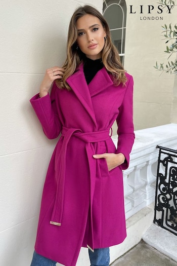 Lipsy Magenta Pink Dropped Collar Belted Wrap Trench Coat (Q34757) | £92