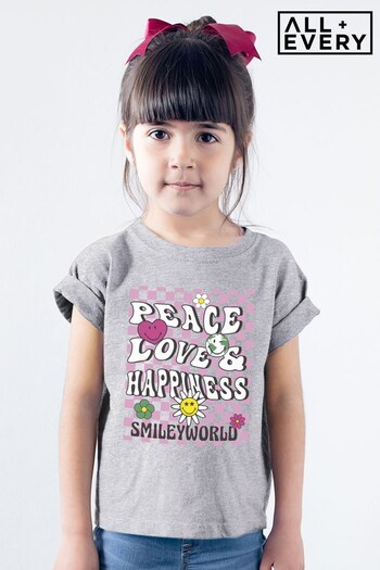 All + Every Heather Grey SmileyWorld Peace Love And Happiness Kids T-Shirt (Q34767) | £17.50