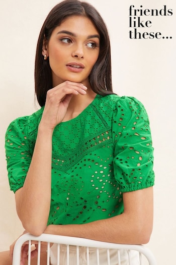 Friends Like These Green Short Sleeve Broderie Top (Q34794) | £37