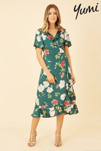 Yumi Green Multi Satin Rose Print Wrap Dress (Q34807) | £55