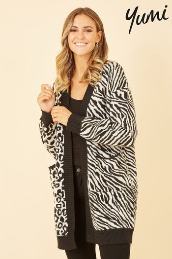 Yumi Black & White Zebra and Leopard Print Knitted Intarsia Cardigan (Q34809) | £50