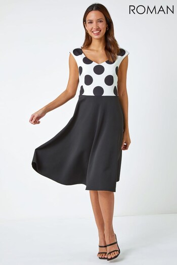 Roman Black & White Premium Stretch Spot Print Dress (Q34894) | £50