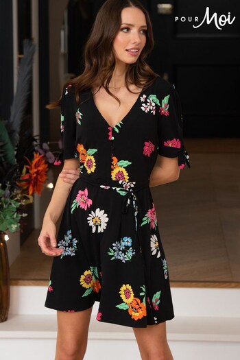 Pour Moi Black Multi Floral Bella Slinky Recycled Jersey Tie Sleeve Tea Dress Sportswear (Q34941) | £45