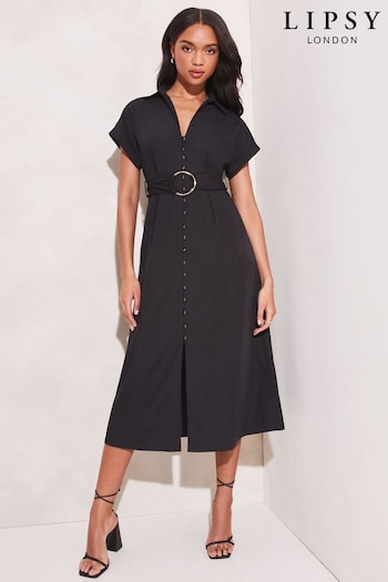 Lipsy Black Hardware Belted Midi die Shirt Dress (Q34960) | £54