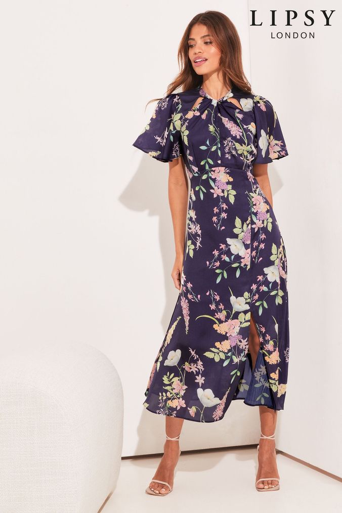 Lipsy Navy Petite Flutter Sleeve Keyhole Front Split Midi Dress (Q34963) | £58