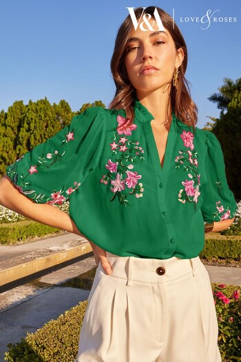 V&A | Love & Roses Green Floral Embroidered Ruffle V Neck Button Through Blouse (Q34990) | £42
