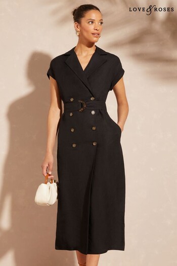 Love & Roses Black Belted Short Sleeve Shirt Dress Contains Linen (Q35127) | £58