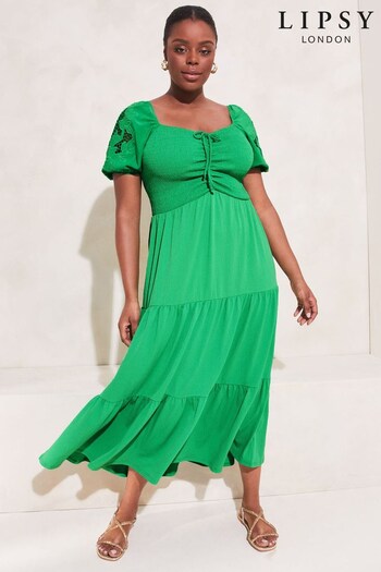 Lipsy Green Curve Jersey Bow Front Broderie Puff Sleeve Midi Dress (Q35262) | £46