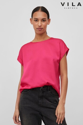 VILA Bright Pink Short Sleeve Satin and Jersey Top (Q35433) | £24