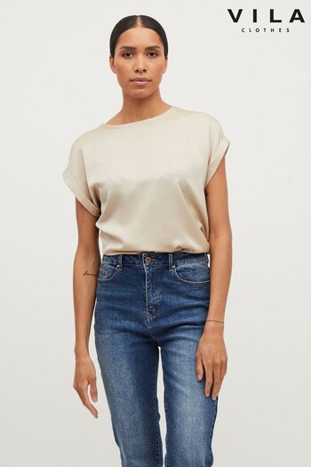 VILA Champagne Short Sleeve Satin and Jersey Top (Q35434) | £24