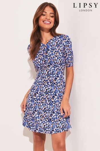 Lipsy Blue Animal Jersey V Neck Ruched Front Short Sleeve Mini Dress (Q35436) | £42