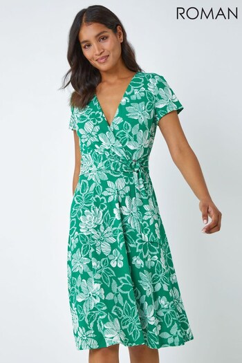 Roman Green Floral Print Stretch Wrap Dress (Q35478) | £45