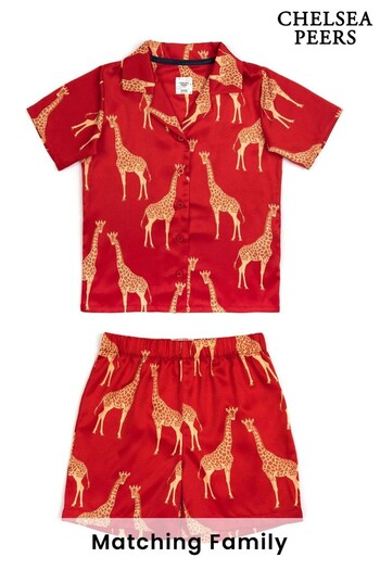 Chelsea Peers Red Giraffe Print Kids' Satin Short Pyjama Set (Q35524) | £30