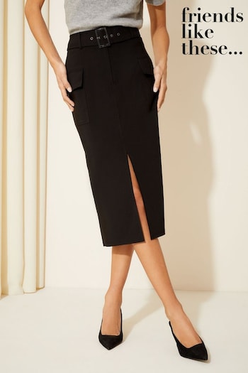 New In & Beauty Boxes Black Utility Super Stretch Tailored Midi Skirt (Q35562) | £36